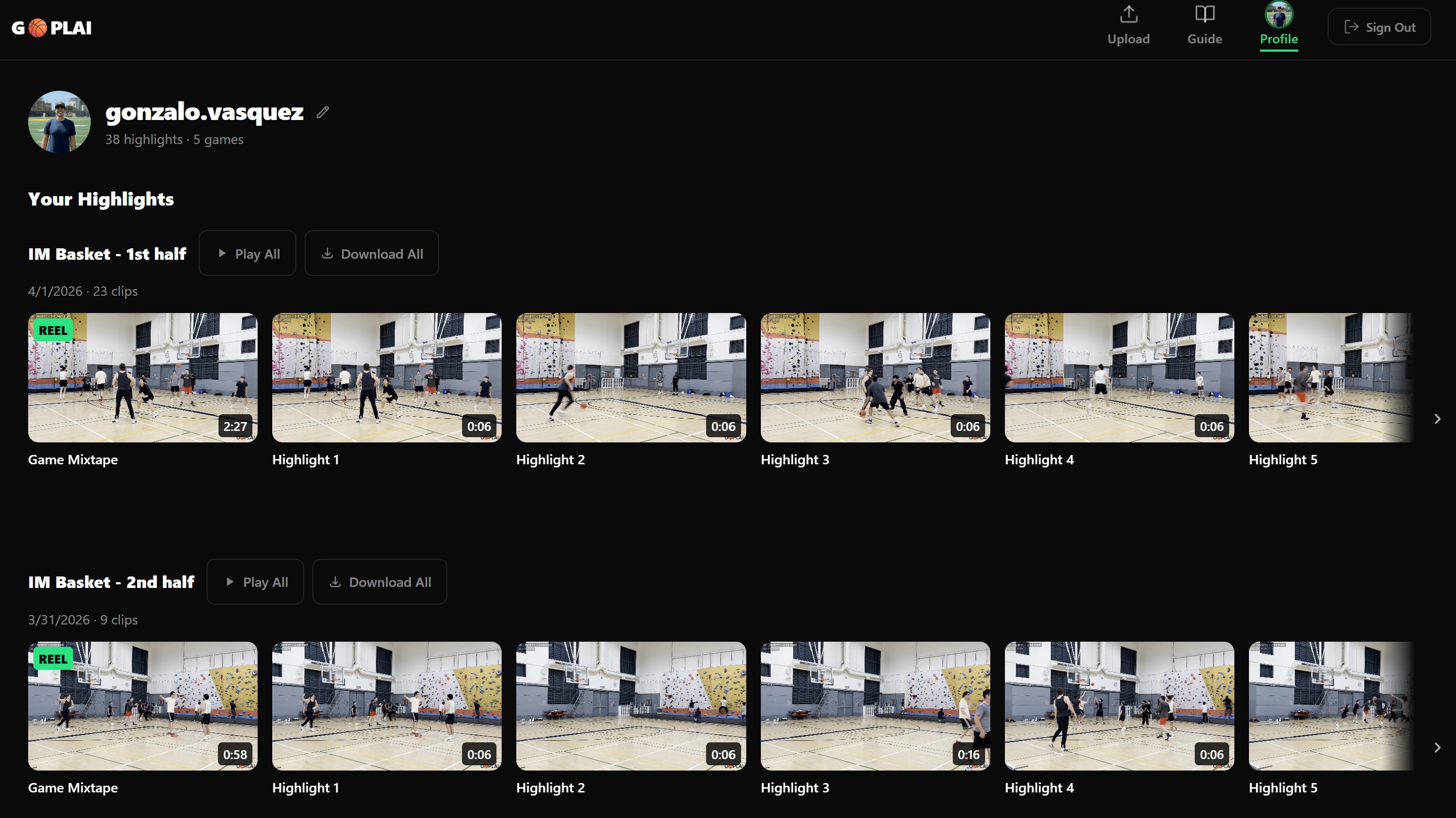 GoPlai player profile page showing highlight clips