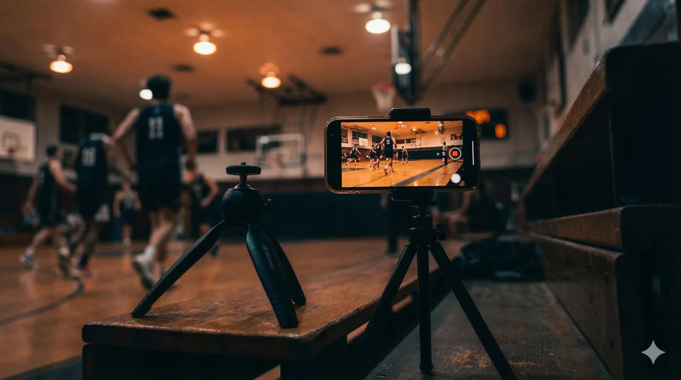 Phone on tripod recording a basketball game courtside